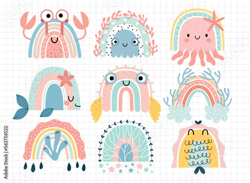 Cute marina rainbows for your design, childish hand drawn sea elements. Nursery theme,
