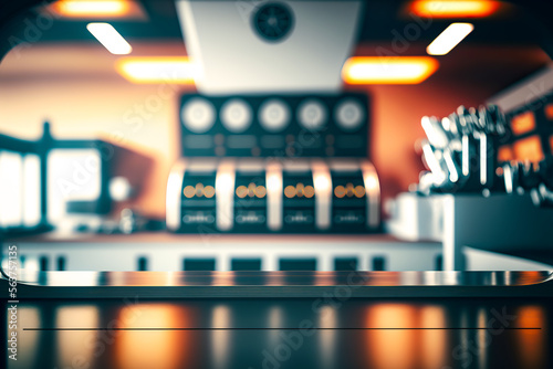 Coffee counter in modern bar of empty shiny counter for displaying in modern kitchen of bar with coffee maker on top. AI generated image.