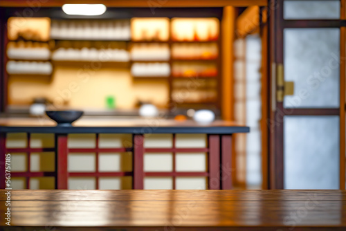 Bar counter in Asian restaurant of wooden table top counter in bar restaurant with shelves in blurred background. Generative AI image.