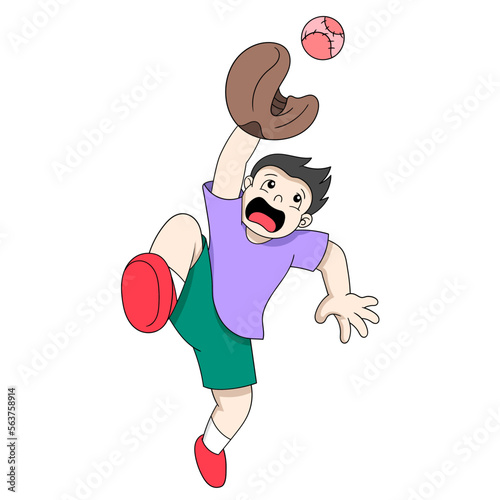 kid boy is playing baseball jump catching ball