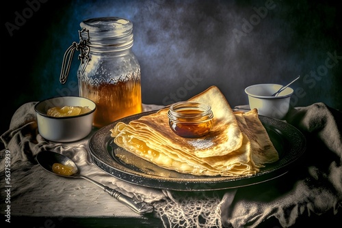 Illustration of French delicious crepe pancakes with jam, caster sugar and honey or maple syrup for Candlemas traditional celebration February holiday, made with AI Generative and digital painting