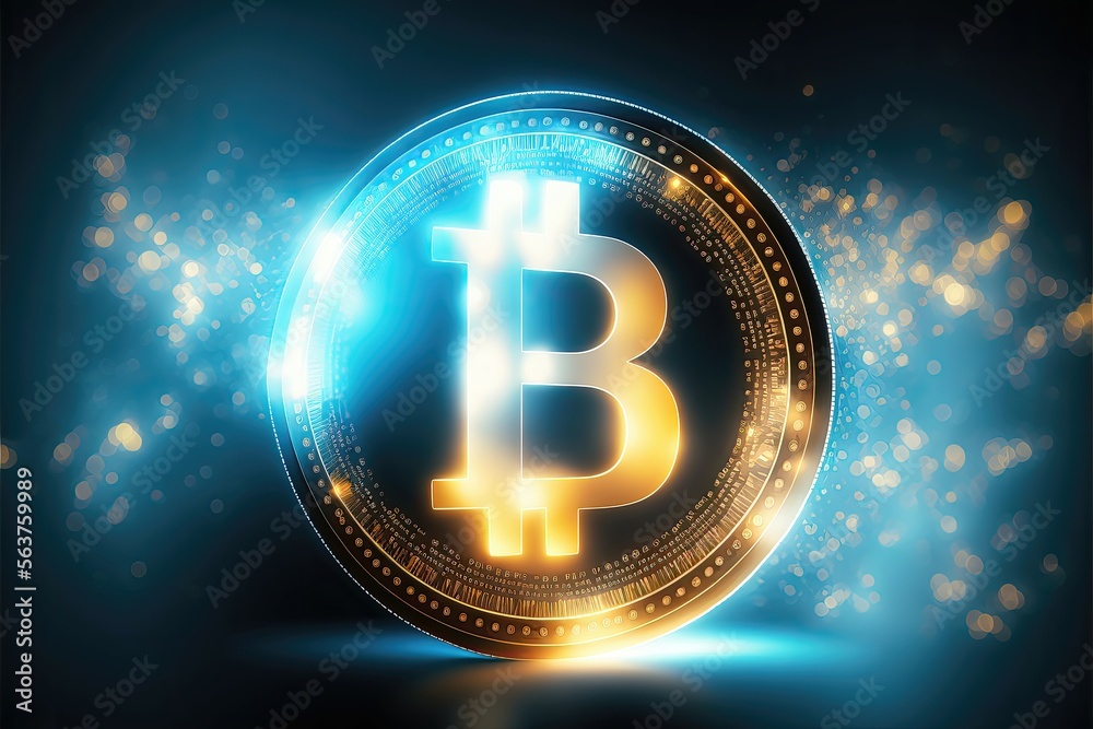 Generative AI illustration of big shiny golden coin with bitcoin sign B on blue background with white and yellow bokeh lights Generative AI illustration of big shiny golden coin with bitcoin sign B on blue background with white and yellow bokeh lights
