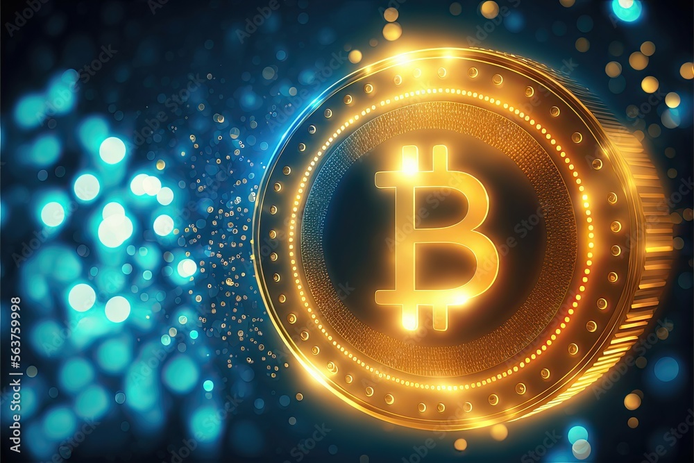 Generative AI illustration of big shiny golden coin with bitcoin sign B on blue background with white and yellow bokeh lights Generative AI illustration of big shiny golden coin with bitcoin sign B on blue background with white and yellow bokeh lights