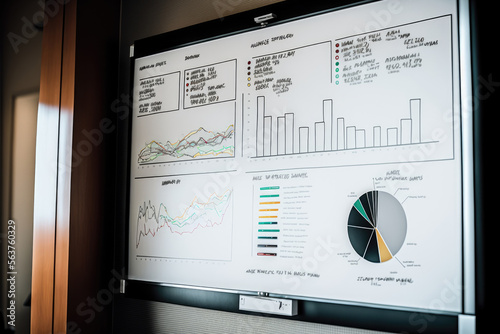 A close-up of a digital whiteboard in a modern conference room displaying a business chart and financial data, generative ai photo