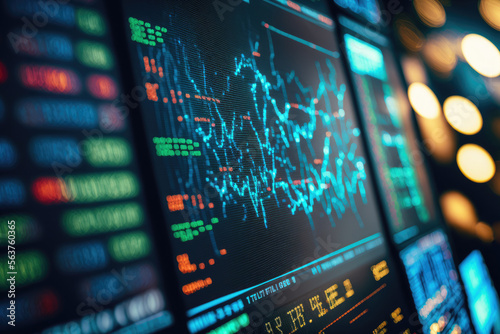 A close-up of a stock market ticker displaying real-time financial data on multiple monitors in a trading room, generative ai