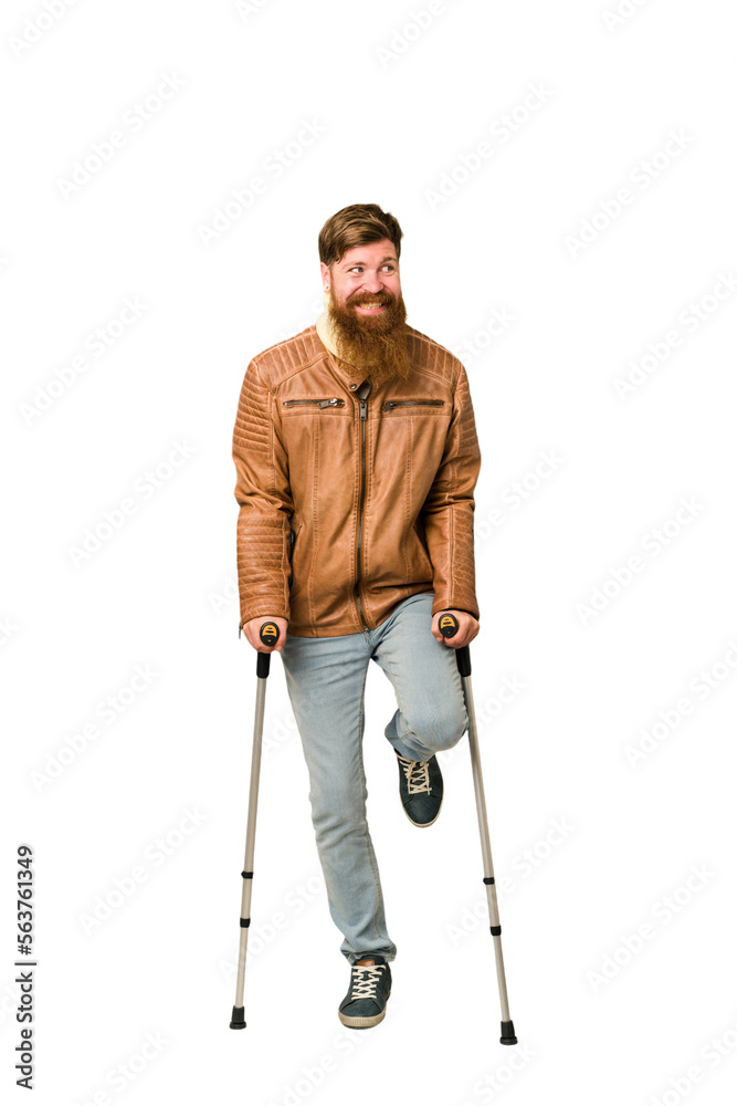 Adult man with crutches full body isolated Adult man with crutches full body isolated