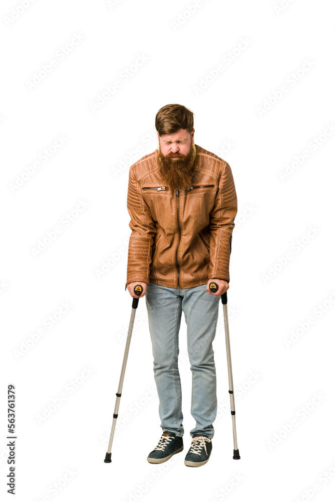Adult man with crutches full body isolated Adult man with crutches full body isolated