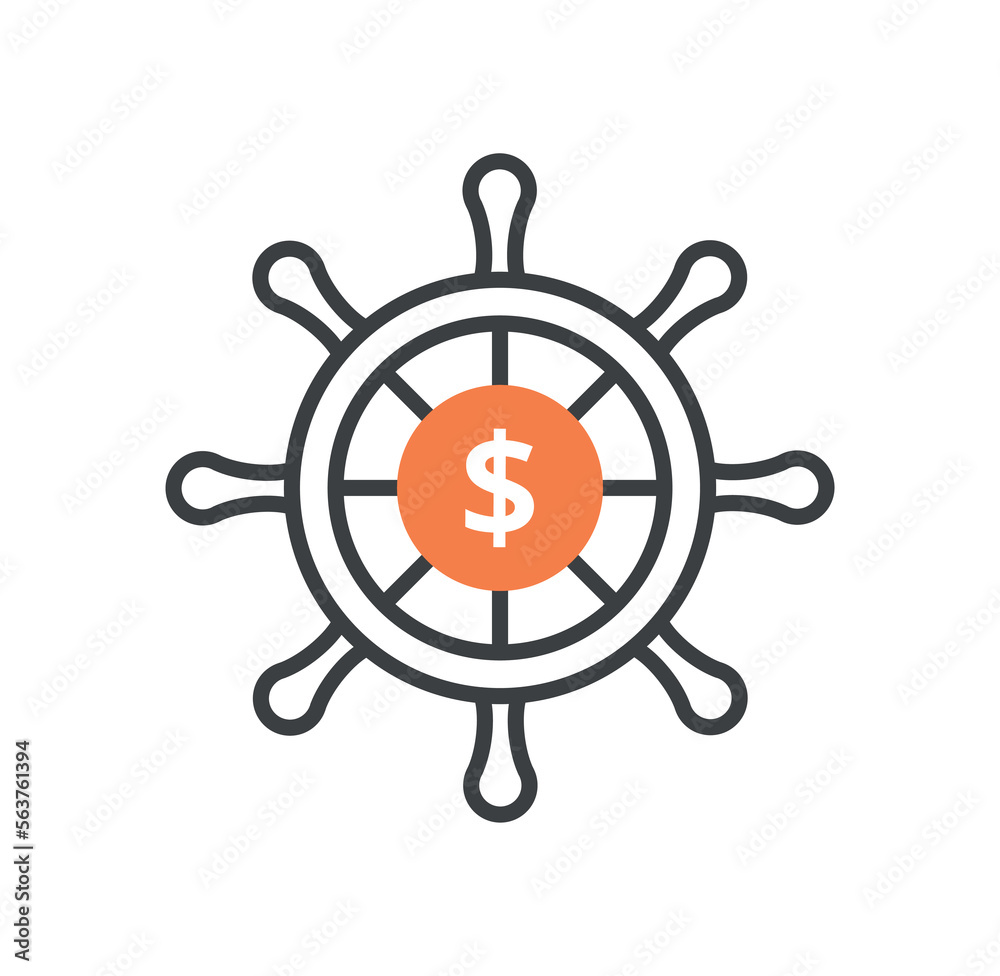 Steering wheel with dollar icon. Metaphor for setting goals and choosing companys way to earn. Financial literacy and passive income. Organization development. Cartoon flat vector illustration Steering wheel with dollar icon. Metaphor for setting goals and choosing companys way to earn. Financial literacy and passive income. Organization development. Cartoon flat vector illustration