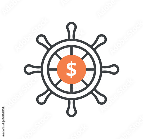 Steering wheel with dollar icon. Metaphor for setting goals and choosing companys way to earn. Financial literacy and passive income. Organization development. Cartoon flat vector illustration