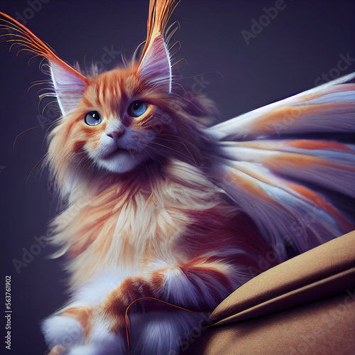 Cute fantasy long haired orange calico cat with feathery wings and tufted ears photo