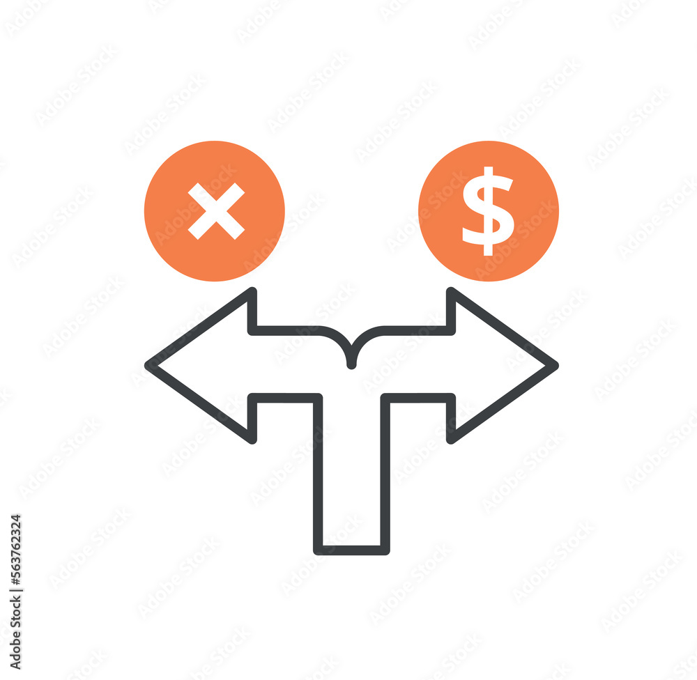 Financial directions icon. Two arrows with dollar sign and cross, metaphor of choice. Financial literacy and passive income. Business, Entrepreneurship and Investment. Cartoon flat vector illustration Financial directions icon. Two arrows with dollar sign and cross, metaphor of choice. Financial literacy and passive income. Business, Entrepreneurship and Investment. Cartoon flat vector illustration
