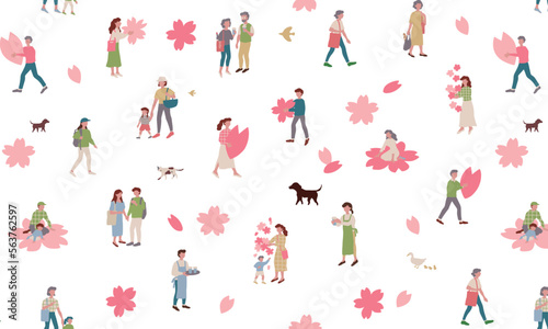                                                                                                                                   Seamless vector illustration of a person enjoying cherry blossoms  parents and children  men and women sweets. 