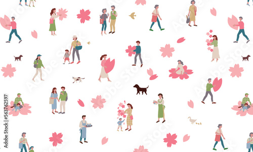桜の花と楽しんでいる人物、親子や男性、女性スイーツなどのシームレスベクターイラスト素材 Seamless vector illustration of a person enjoying cherry blossoms, parents and children, men and women sweets. 