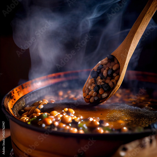 Принти на полотні A close-up shot of a pot of simmering black-eyed peas, steam rising from the surface, with a wooden spoon resting on the edge of the pot