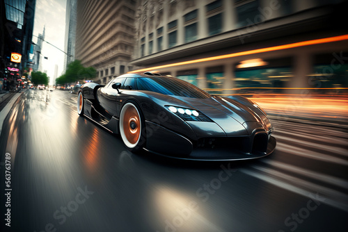 Supercar driving fast in the city blurred background, ai generative illustration.