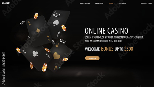 Online casino, black invitation banner for website with welcome bonus, button and falling black and gold casino poker chips with playing cards