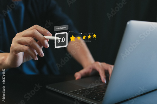 Businessmen choosing on the icon to give satisfaction in service, Customer service and Satisfaction concept, rating very impressed. review, feedback, best quality, good mood.