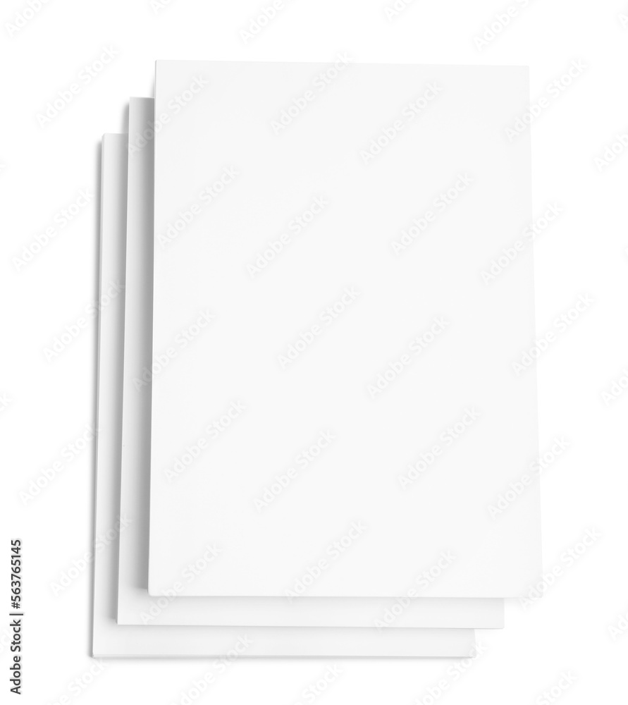 Stack of paper sheets on white background, top view