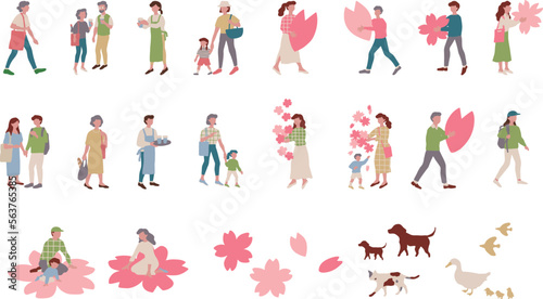 桜の花と楽しんでいる人物、親子や男性、女性などの手書き風ベクターイラスト素材 Vector illustration of a person enjoying cherry blossoms, a parent and child, a man, a woman, etc. in hand-drawn style. 