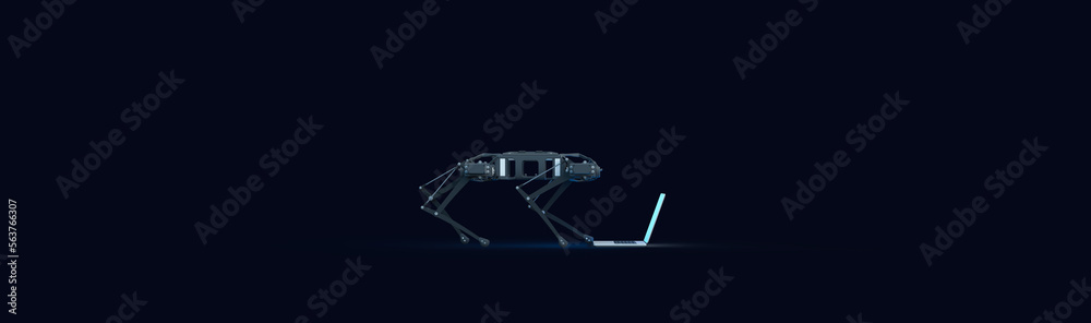 Fototapeta premium The robot dog looks at the laptop screen. 3d rendering on the topic of computers, laptops, technologies, engineering and development. Modern minimal style. Dark background.