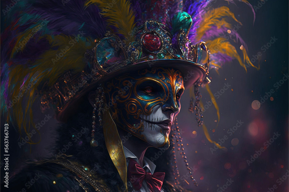 Man in Mardi Gras Costume with Skeleton Face Paint Generative AI