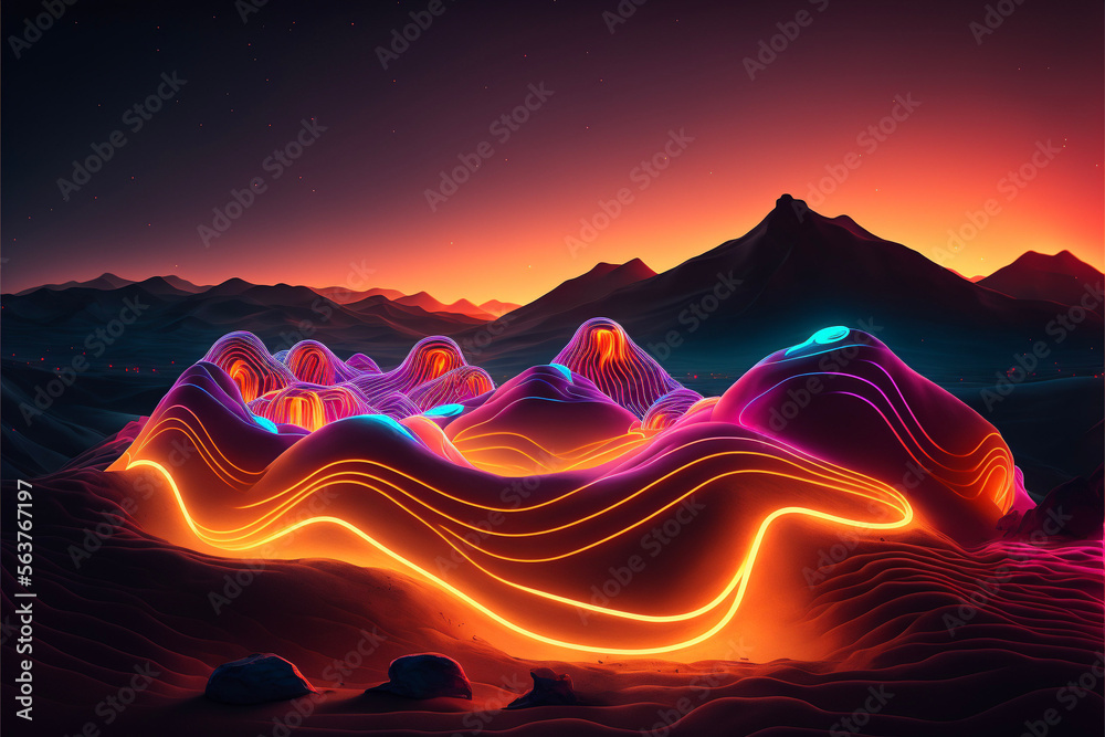 Colorful Neon Flowing Wavy Lines in a Desert Landscape Generative AI