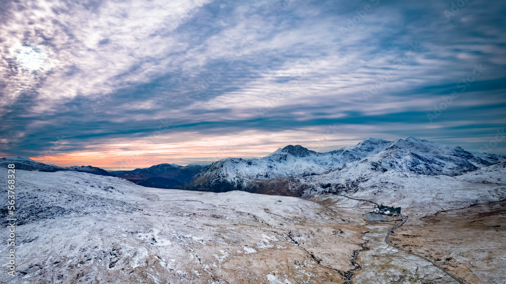 Snowdonia, Wales (UK), Winter 2023. Aerial landscapes of snow and mountains. Snowdonia, Wales (UK), Winter 2023. Aerial landscapes of snow and mountains.