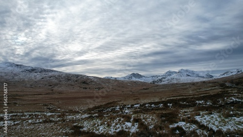 Snowdonia  Wales  UK   Winter 2023. Aerial landscapes of snow and mountains.