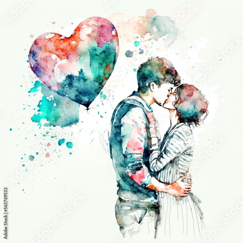 Couple in love hugging and kissing, Watercolor illustration of kissing and hugging couple surrounded by balloons, hearts. Romantic date. Young love Valentine's day. Generative Ai Technology