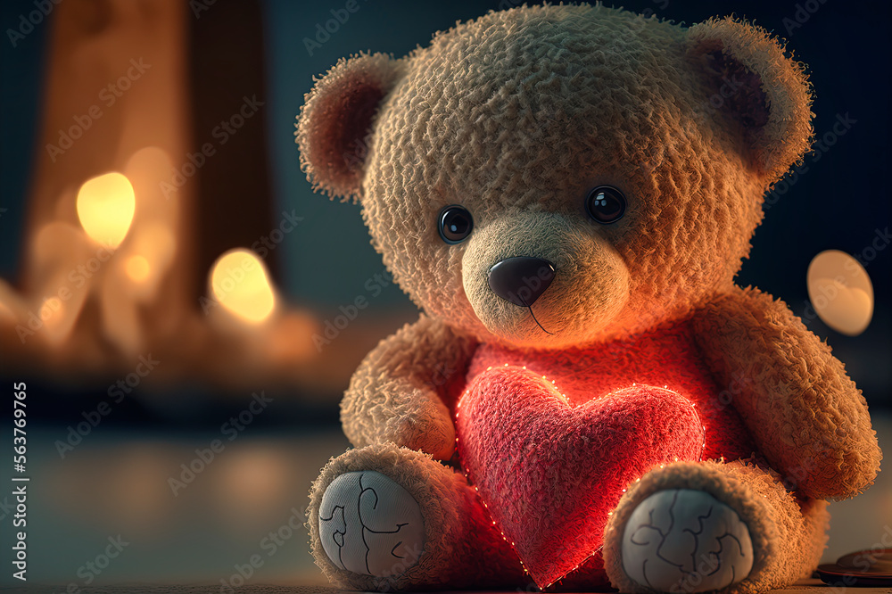 Teddy bear with a valentine glowing red heart, generative AI Teddy bear with a valentine glowing red heart, generative AI