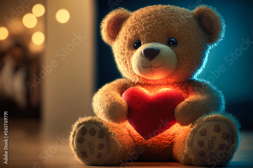 Teddy bear with a valentine glowing red heart, generative AI © iRedSkull