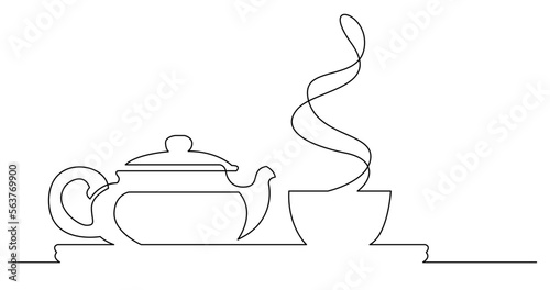 continuous line drawing vector illustration with FULLY EDITABLE STROKE of asian style tea pot and cup of hot drink