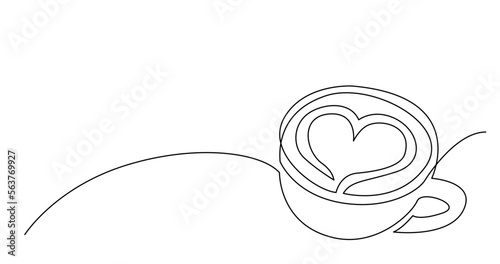 continuous line drawing vector illustration with FULLY EDITABLE STROKE of cappuccino coffee cup with heart on foam