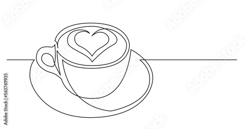 continuous line drawing vector illustration with FULLY EDITABLE STROKE of cappuccino coffee cup with heart shape on foam