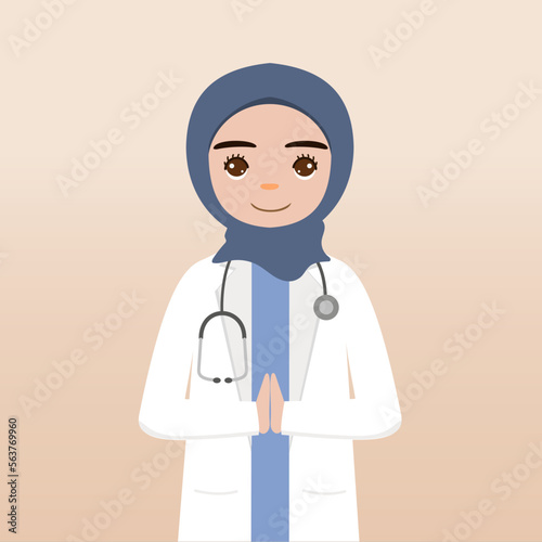Front view hijab doctor character. Doctor character creation face emotions, pose and gesture. Cartoon style, flat vector illustration.Female hijab doctor finger pointing up, holding clipboard.