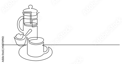 continuous line drawing vector illustration with FULLY EDITABLE STROKE of coffee cup sugar and french press