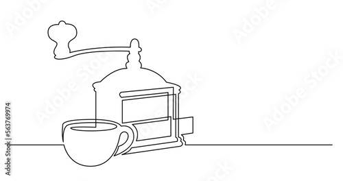 continuous line drawing vector illustration with FULLY EDITABLE STROKE of coffee grinder and cup on table