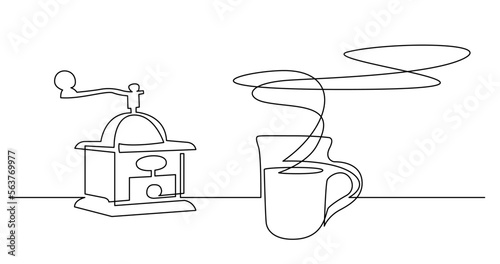 continuous line drawing vector illustration with FULLY EDITABLE STROKE of coffee grinder and fresh smelling cup of coffee