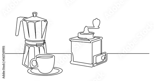 continuous line drawing vector illustration with FULLY EDITABLE STROKE of coffee pot grinder and coffee cup