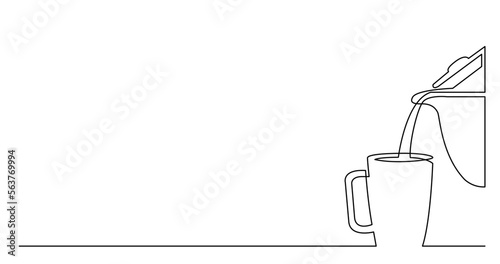 continuous line drawing vector illustration with FULLY EDITABLE STROKE of coffee pot pouring hot coffee in cup