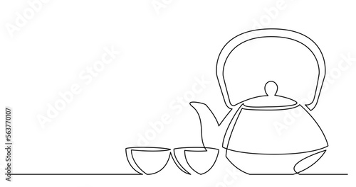 continuous line drawing vector illustration with FULLY EDITABLE STROKE of oriental style tea pot with cups