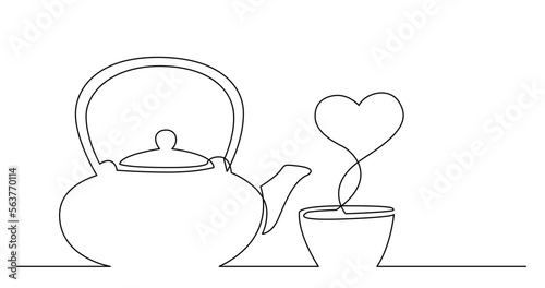 continuous line drawing vector illustration with FULLY EDITABLE STROKE of tea kettle and cup of tea with heart shape vapor