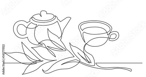 continuous line drawing vector illustration with FULLY EDITABLE STROKE of tea leaves pot and cup of herbal tea