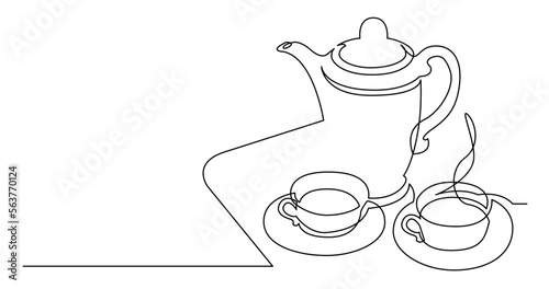 continuous line drawing vector illustration with FULLY EDITABLE STROKE of tea pot and tea cups on tray