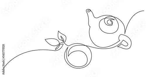 continuous line drawing vector illustration with FULLY EDITABLE STROKE of tea pot with tea leaves and cup