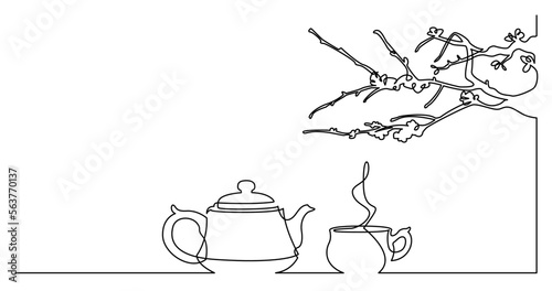 continuous line drawing vector illustration with FULLY EDITABLE STROKE of traditional oriental tea pot with cup under sakura brunch 