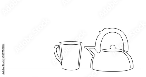 contiuous line drawing of mug of tea and kettle