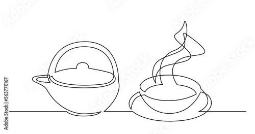 contiuous line drawing of tea pot and hot tea cup