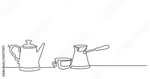 contiuous line drawing of vintage pot cup and coffee jezva