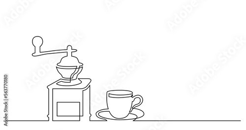 contiuous line drawing of vintage style coffee grinder and cup of coffee
